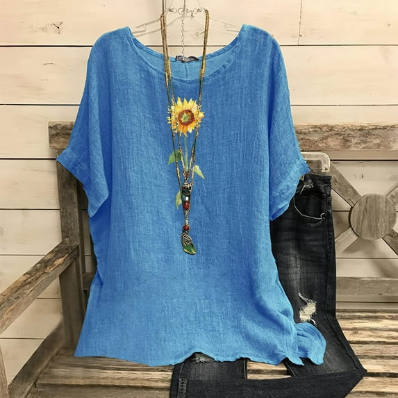 Mceream Womens Tops Short Sleeve Cotton Linen Crew Neck Tshirts Shirts Print Loose Fit Tops Summer Spring Fashion Outfits Trendy Clothes Blue XL