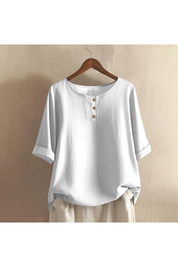Womens Tops Short Sleeve Loose Fit Cotton Linen Shirts Trendy Button Down Summer Short Sleeve Tunic Tops Loose Causal Button Crew Neck Blouses Clothes White L