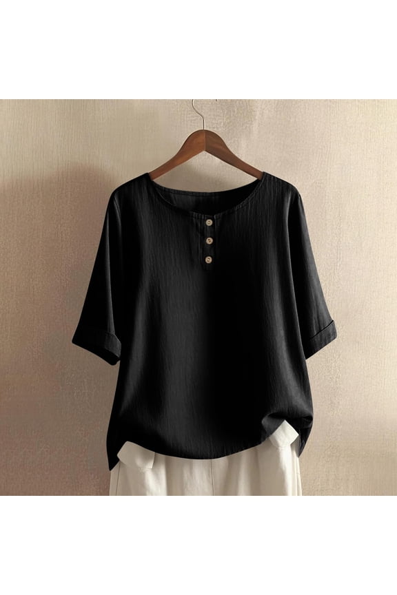 Womens Tops Short Sleeve Loose Fit Cotton Linen Shirts Trendy Button Down Summer Short Sleeve Tunic Tops Loose Causal Button Crew Neck Blouses Clothes Black XXL