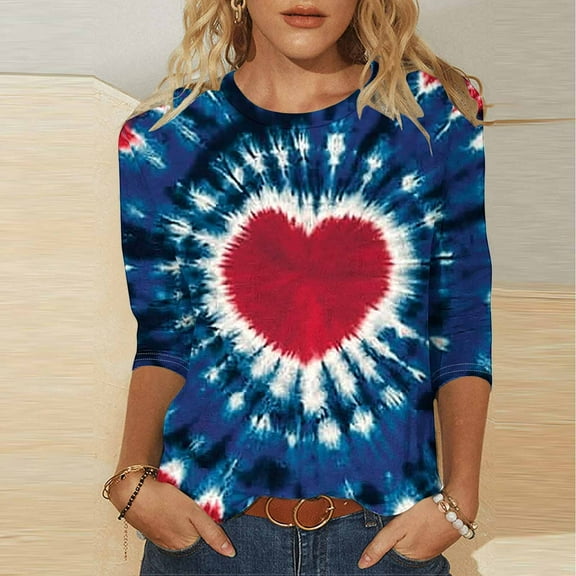 Mceream Womens Valentines Shirt Trendy 2026 Cute Love Heart Print 3/4 Length Sleeve Tops Casual Loose Fit Summer Crew Neck Blouses Outfits Plus Size Camisas De San Valentin Mujer Navy M