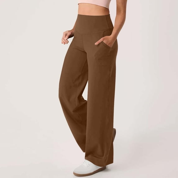 Mceream Womens Yoga Pants with Pockets Straight Leg High Waist Stretch Dress Loose Sweatpants Solid Casual Lounge Pants Coffee M
