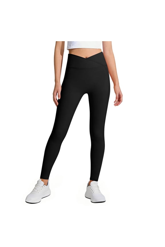 Yoga Leggings Girl High Waist Crossover Pants with Pockets Tummy Control Stretchy Slim Fit Yoga Pants Workout Active Dance Tights Legins Para Ninas 5-16 Years