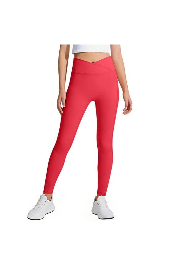 Yoga Leggings Girl High Waist Crossover Pants with Pockets Tummy Control Stretchy Slim Fit Yoga Pants Workout Active Dance Tights Legins Para Ninas 5-16 Years
