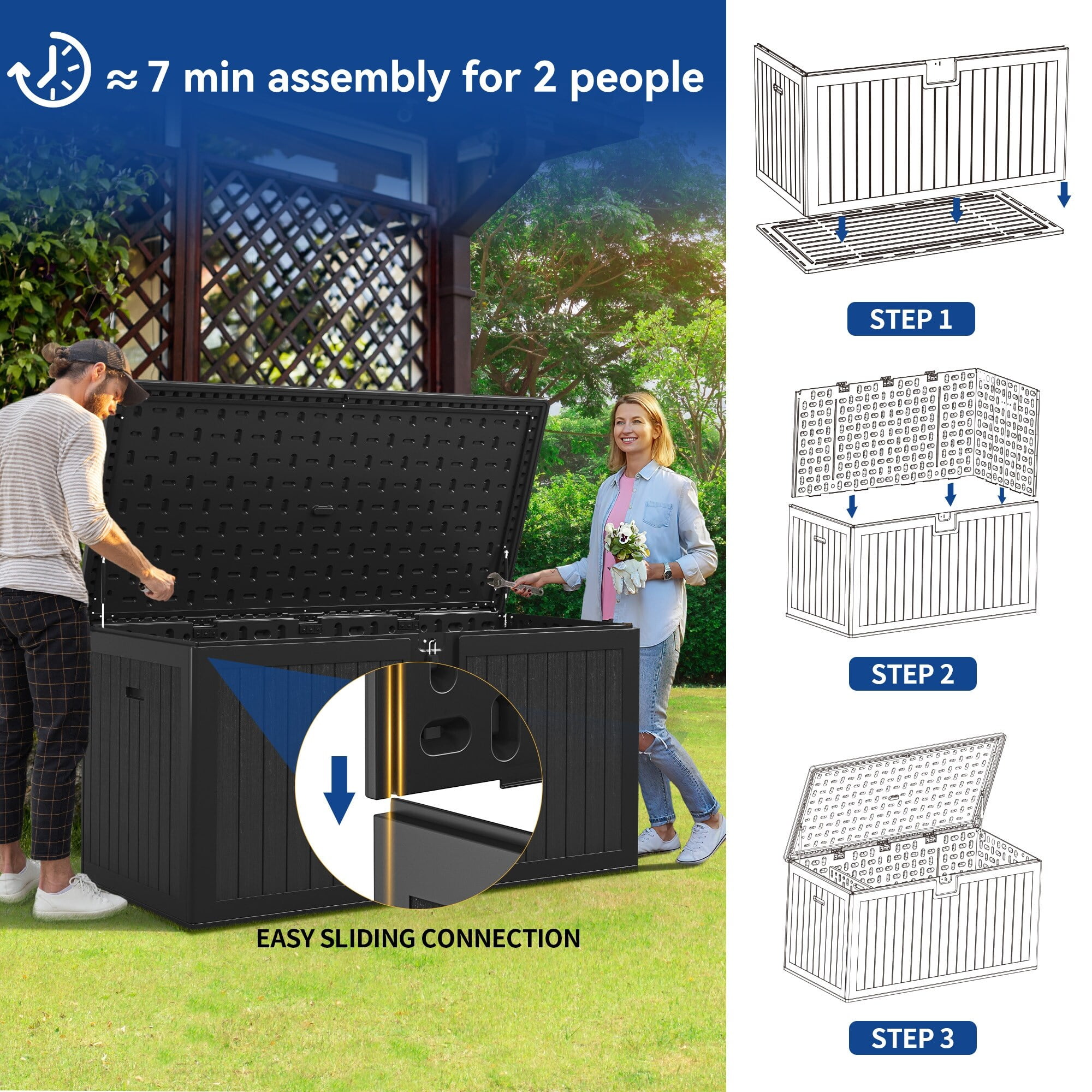 Large Black Resin Lockable Outdoor Deck Box with Iron Support