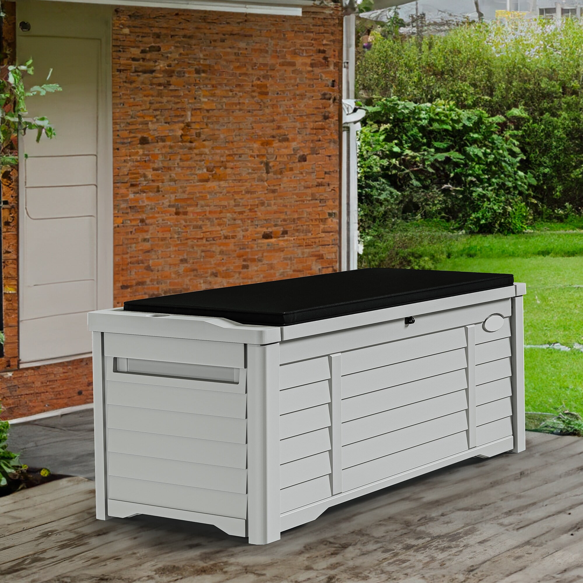 White Weather-Resistant Lockable Plastic Deck Box with Cushion