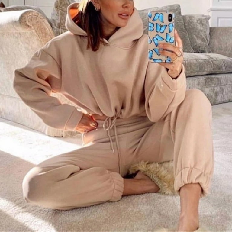 Mchoice 2 Pieces Causal Women Long Sleeve Hoodie Sweatshirts Drawstring Pants Sexy Sweatsuits on Clearance