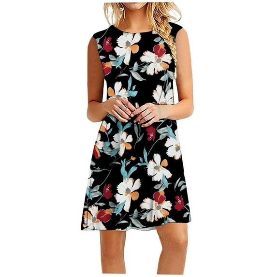Mchoice 2024 Womens Summer Short Sleeve Dresses Casual Loose Crewneck Dress Flooral Printing Swing Comfy Beach Sundress