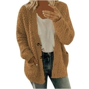 Mchoice Cardigan for Women Fall Fashion Button Down Collar Casual Sweaters Long Sleeve Solid Color Plush Cardigan with Pockets