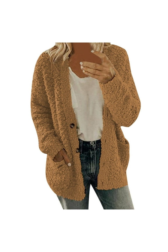 Mchoice Cardigan for Women Fall Fashion Button Down Collar Casual Sweaters Long Sleeve Solid Color Plush Cardigan with Pockets