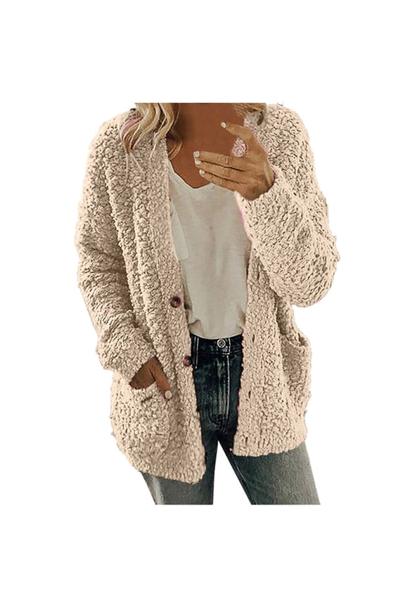 Mchoice Cardigan for Women Fall Fashion Button Down Collar Casual Sweaters Long Sleeve Solid Color Plush Cardigan with Pockets