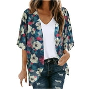 Mchoice Cardigan for Women Floral Print Puff Sleeve Kimono Cardigan Fall Fashion Loose Chiffon Cover Up Casual Blouse Tops