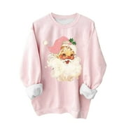 MYCHOICE Mchoice Christmas Sweatshirt for Women Fashion Santa Claus Printed Sweatshirt Crewneck Long Sleeve Pink Loose Sweatshirt Tops
