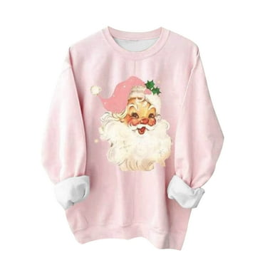 Mchoice Christmas Sweatshirt for Women Fashion Santa Claus Printed Sweatshirt Crewneck Long Sleeve Pink Loose Sweatshirt Tops