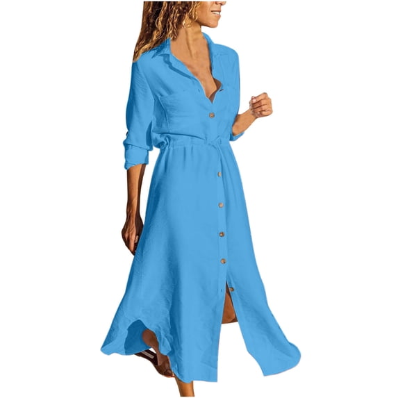 Mchoice Cotton and Linen Dress for Women 2024 Long Sleeve Casual Button Down Loose Slim Fitted Maxi Dress with Pockets