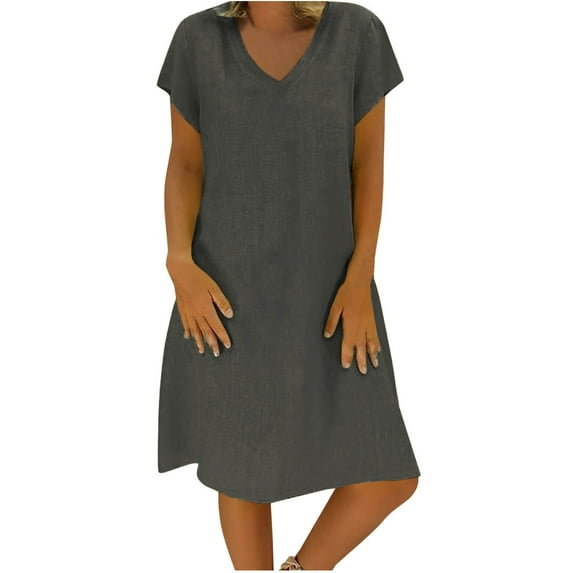 Mchoice Cotton and Linen Summer Dresses 2025 for Women Fashion Loose Comfortable V-Neck Solid Color Short Sleeve Knee Length Dress