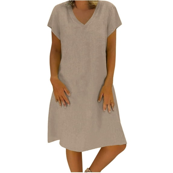 Mchoice Cotton and Linen Summer Dresses 2025 for Women Fashion Loose Comfortable V-Neck Solid Color Short Sleeve Knee Length Dress