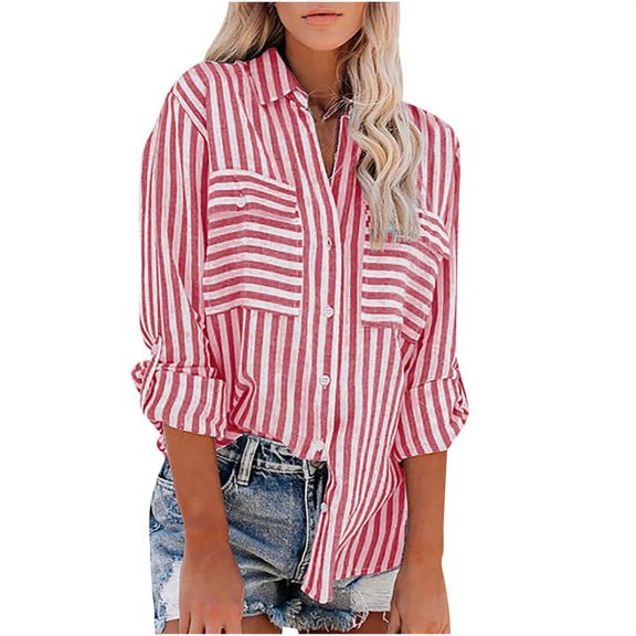 Mchoice Cotton annd Linen Long Sleeve Shirts for Women Striped Printed Single Breasted Turndown Collar Tops with Pockets