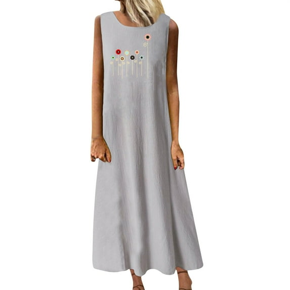 Mchoice Dresses for Women 2024 Fashion Summer Casual Round Neck Sleeveless Maxi Skirts Pockets Vacation Solid Color Beach Long Dress with Graphic Printed