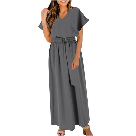 Mchoice Dresses for Women 2024 Summer Fashion Casual Solid Color V-neck Bandage Short Sleeve Maxi Dress