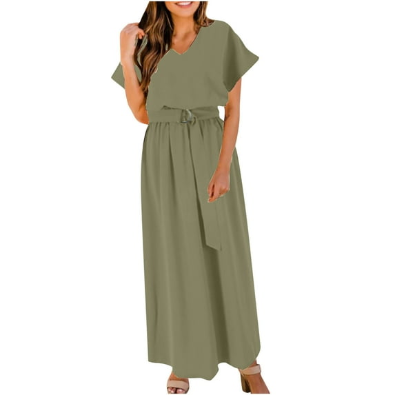 Mchoice Dresses for Women 2024 Summer Fashion Casual Solid Color V-neck Bandage Short Sleeve Maxi Dress