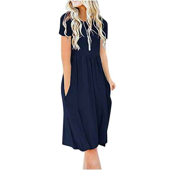 Mchoice Dresses for Women 2025 Fashion Casual Short Sleeve Round Neck Dress Pleated Solid Color Flowy Midi Dress with Pockets