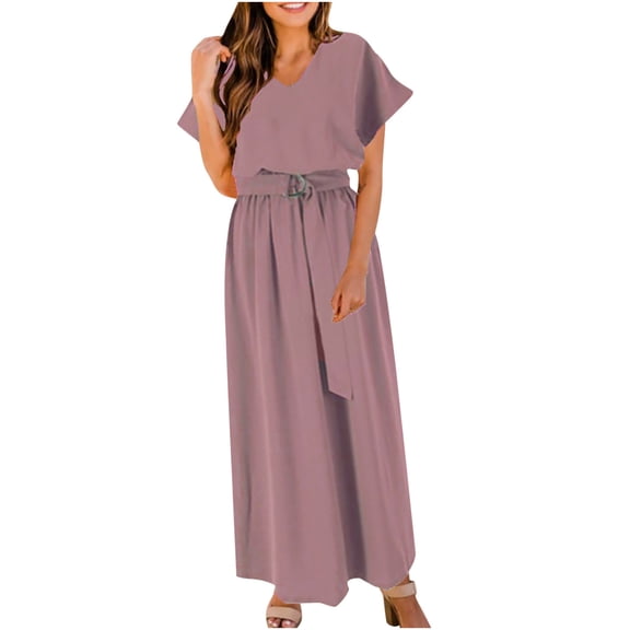 Mchoice Dresses for Women 2025 Summer Fashion Casual Solid Color V-neck Bandage Short Sleeve Maxi Dress