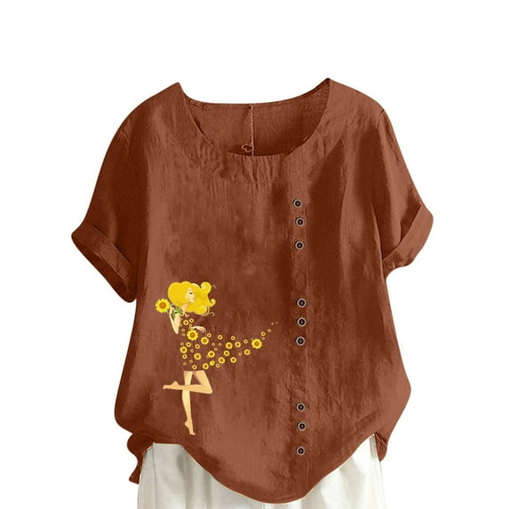 Mchoice Embroidered Tops for Women 2024 Summer Sexy Floral Printing Regular Mexican Shirts Cotton and Linen Buttons Round Neck Short Sleeve Blouses