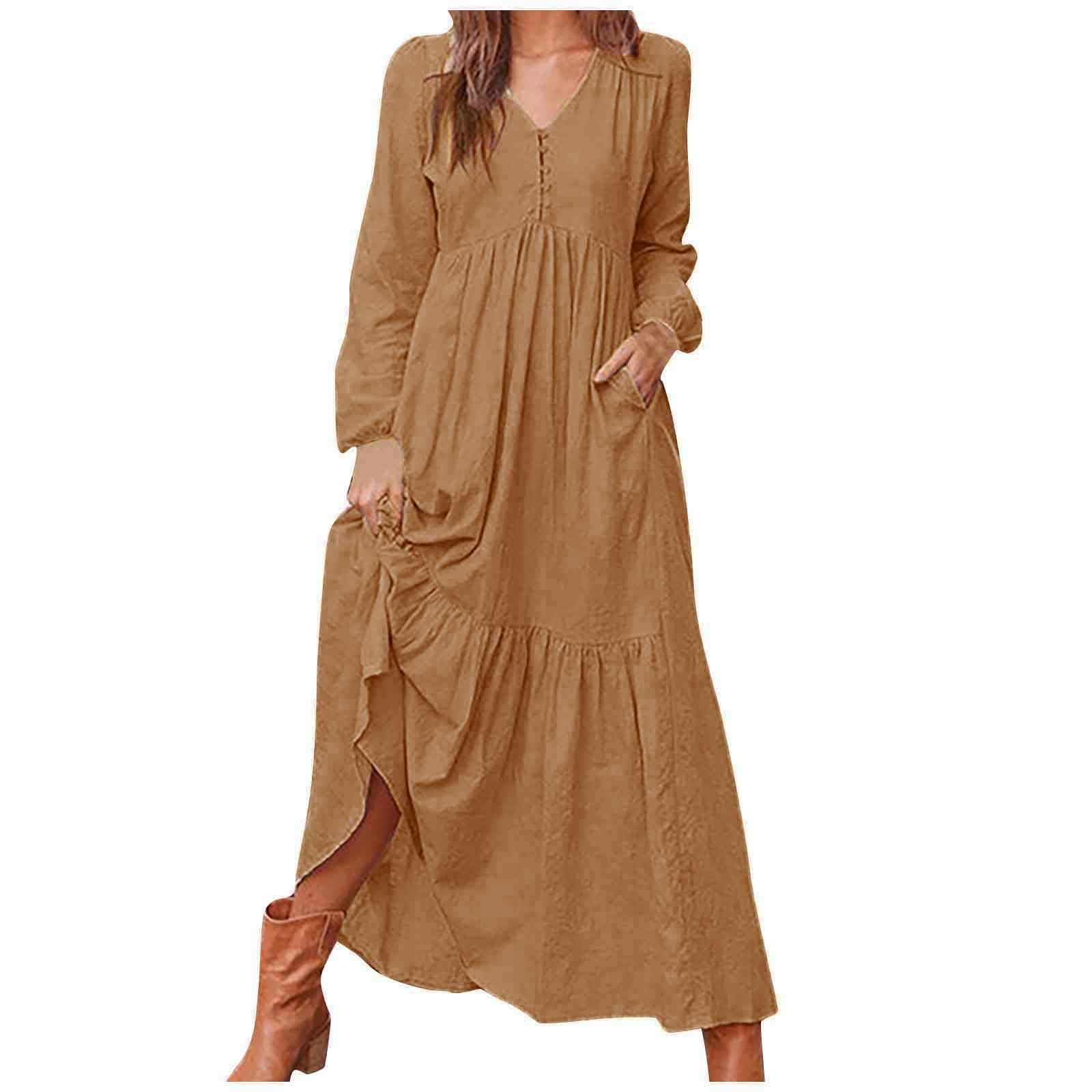 Mchoice Fall Dresses for Women 2023 Cotton and Linen Retro Casual Long