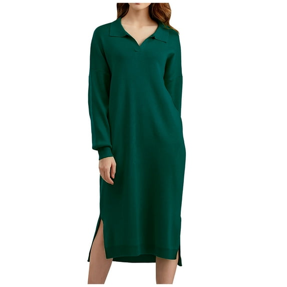 Mchoice Fall Dresses for Women 2024 Autumn Winter Knitted Bottom Long Sleeve Dress Loose Solid Color Turndown Collar Large Split Dress