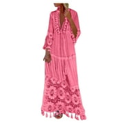 MYCHOICE Mchoice Fashion Women's Casual Bohemian Beach Long Dress Print Plus Size Floral Dress Lace Tassel Loose Maxi Dress for Summer