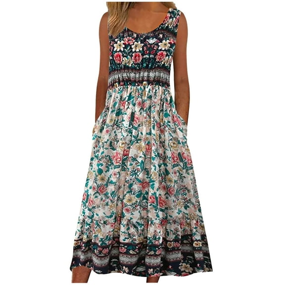 Mchoice Floral Dress for Women Fashion Casual Sexy Round Neck Printing Maxi Dresses Summer Short Sleeve Pockets Long Skirts