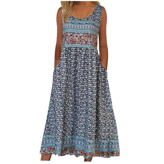 Mchoice Floral Dress for Women Fashion Casual Round Neck Printing Maxi Dresses Summer Short Sleeve Pockets Long Skirts