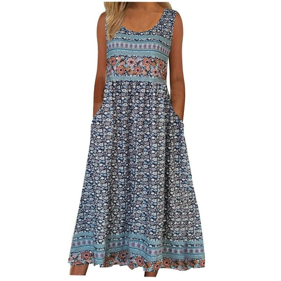 Mchoice Floral Dress for Women Fashion Casual Round Neck Printing Maxi Dresses Summer Short Sleeve Pockets Long Skirts