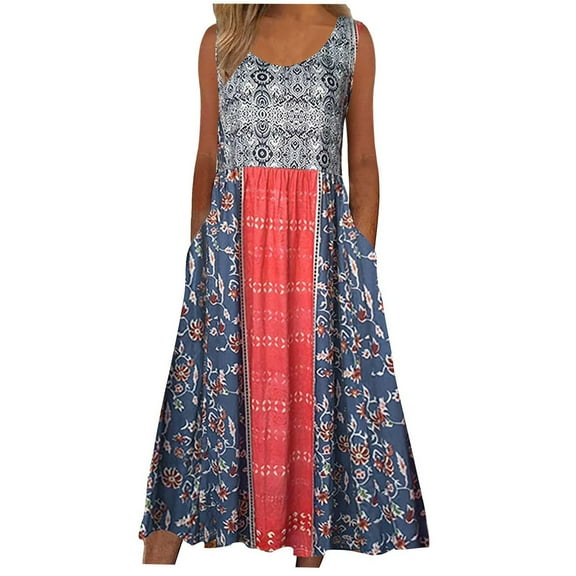 Mchoice Floral Dress for Women Fashion Casual Sexy Round Neck Printing Maxi Dresses Summer Short Sleeve Pockets Long Skirts