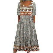 Mchoice Floral Dress for Women Fashion Casual Sexy Round Neck Printing Maxi Dresses Summer Short Sleeve Pockets Long Skirts