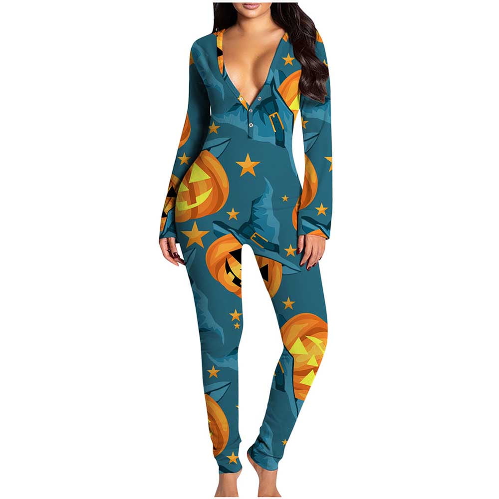 Mchoice Halloween Pajamas Women Onepiece Pajamas Butt Button Back Flap