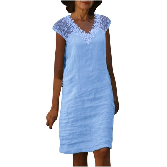 Mchoice Linen Dress for Women Summer V-neck Solid Color Lace Midi Dress Casual Strapless Party Knee Length Skirts