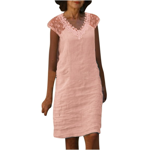 Mchoice Linen Dress for Women Summer V-neck Solid Color Lace Midi Dress Casual Strapless Party Knee Length Skirts