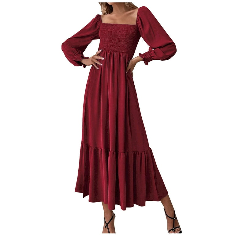New Fashion Solid Color Pleated Puff L ong Sleeve Dress New Fashion Solid Color Pleated Puff L ong Sleeve Dress