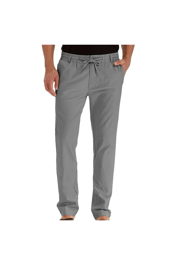 Mchoice Mens Pants business loose large size elastic waist Trousers Cotton Drawstring Solid Color Straight Long Pants with Pockets