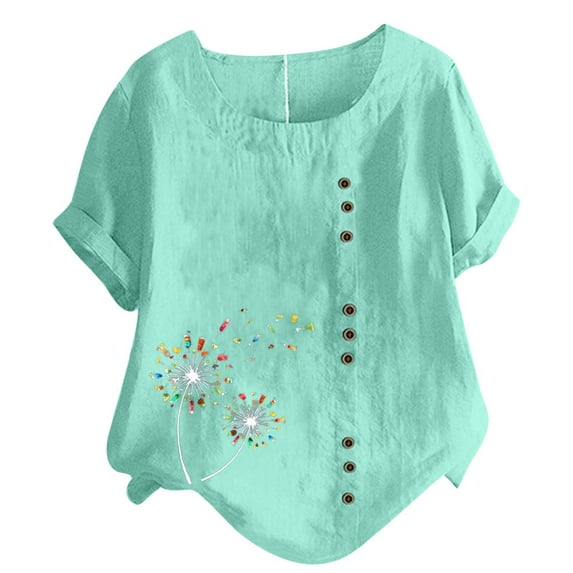 Mchoice Shirts for Women 2024 Short Sleeved Casual Plus Size Tops Round Neck Printed Loose Button Cotton Linen Blouse