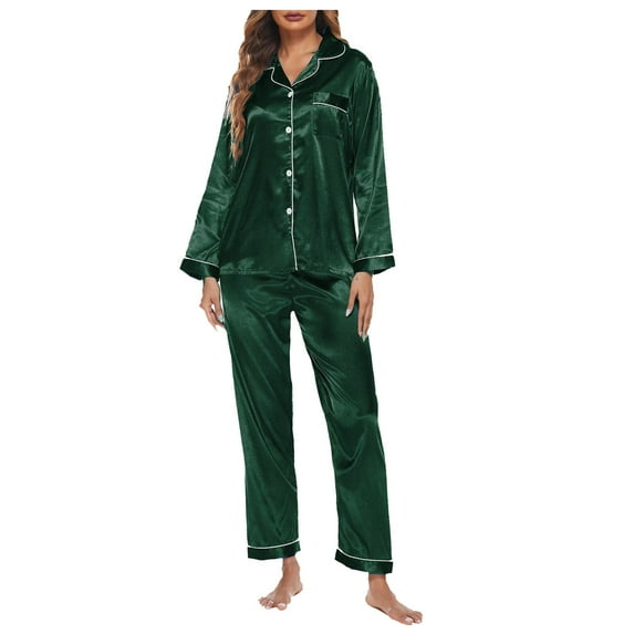 Mchoice Silk Pajamas for Women Fashion Solid Color Long Sleeve Tops with Pants Two-Piece Smooth Pajama Set Homewear