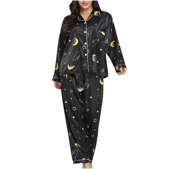 Mchoice Silk Pajamas for Women Set Fashion Printed Smooth Long Sleeve Tops and Long Pants Two Piece Pajama Set Sleepwear