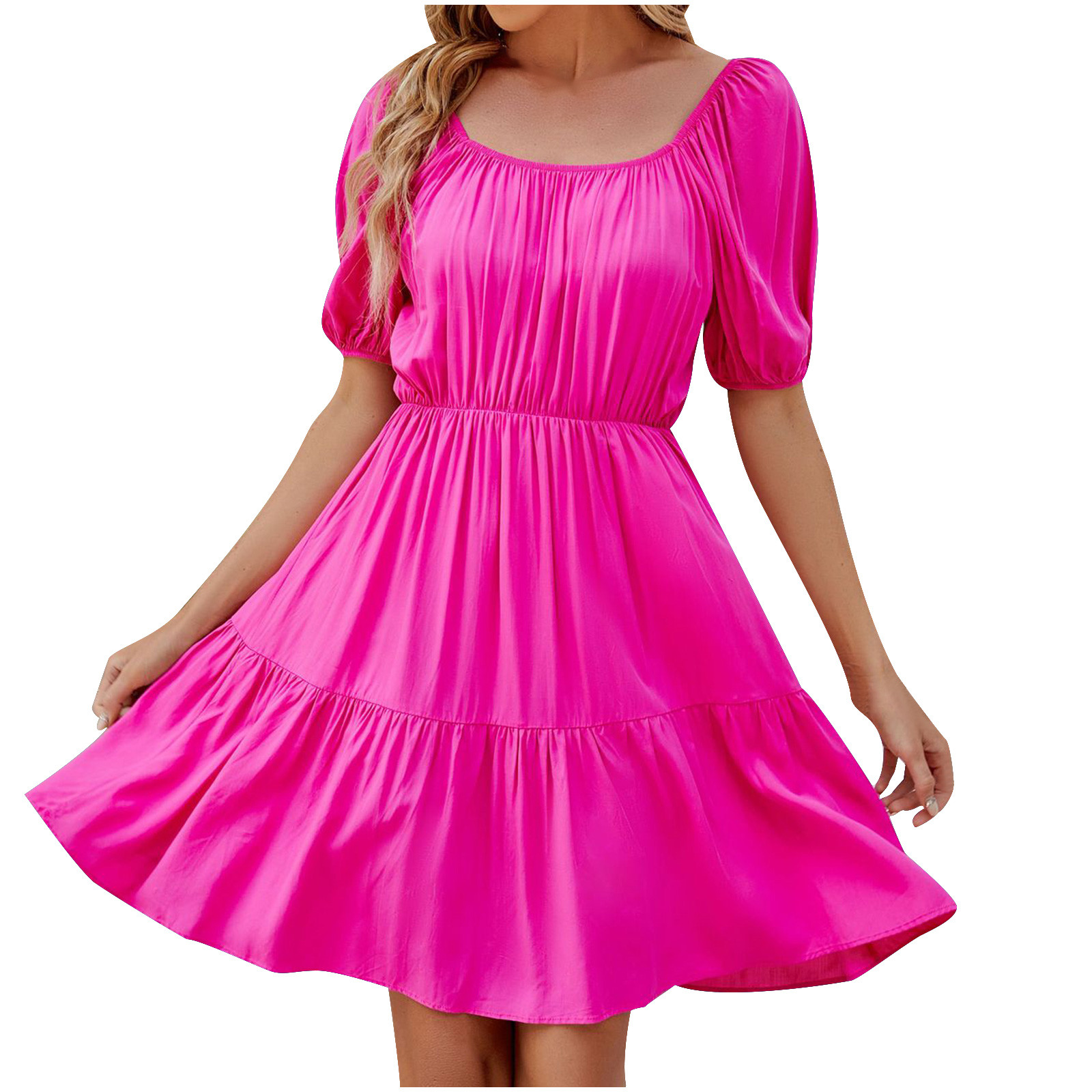 Mchoice Summer Dresses 2024 for Women New Square Neck Dresses Puff Short Sleeve Solid Color