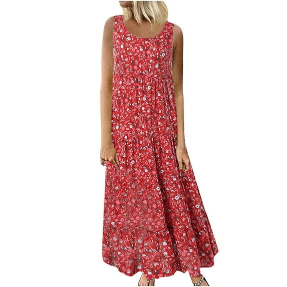 Mchoice Summer Dresses 2024 for Women Plus Size Casual Boho Floral Printed Long Sundresses Round-Neck Sleeveless Loose Maxi Dress