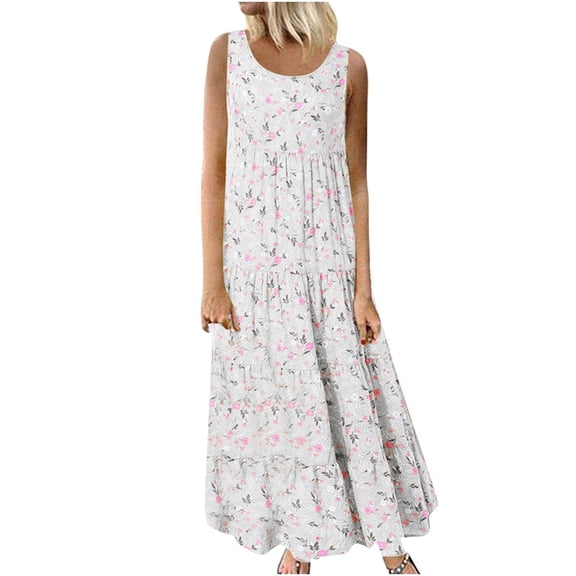 Mchoice Summer Dresses 2025 for Women Plus Size Casual Boho Floral Printed Long Sundresses Round-Neck Sleeveless Loose Maxi Dress