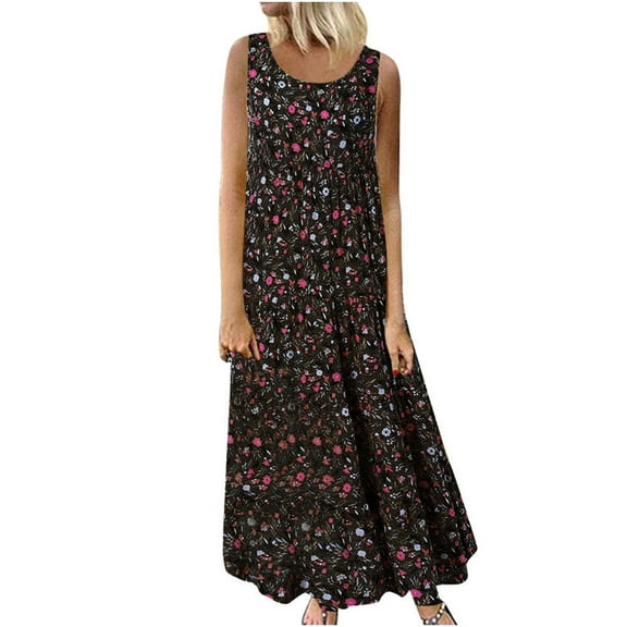 Mchoice Summer Dresses 2025 for Women Plus Size Casual Boho Floral Printed Long Sundresses Round-Neck Sleeveless Loose Maxi Dress