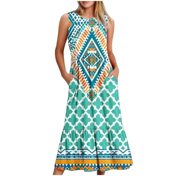 Mchoice Summer Dresses for Women Womens Dresses Dress for Women Loose V-Neck Casual Print Sleeveless Sling Midi-Maxi Dresses on Clearance
