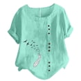 thumbnail image 1 of Mchoice Summer Tops for Women 2024 Trendy Short Sleeved Casual Plus Size Shirts Round Neck Printed Loose Button Cotton Linen Blouse, 1 of 5