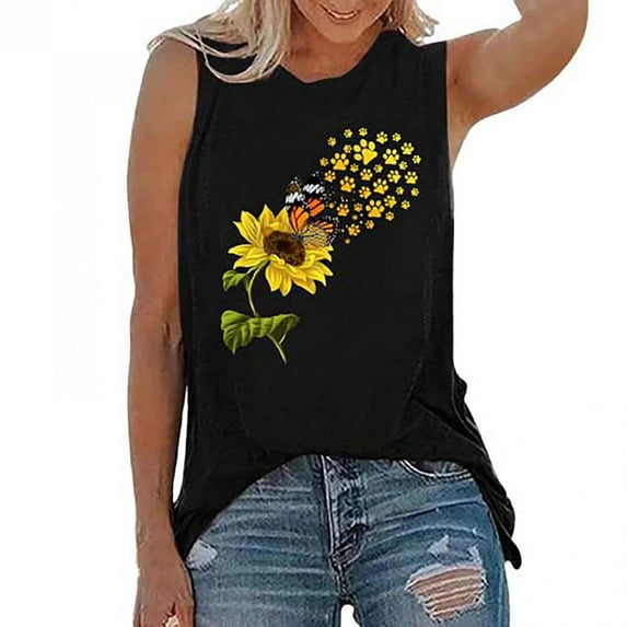 Mchoice Sunflower Tank Tops for Women Sunflower Print Sleeveless T-Shirt Teen Girls Funny Graphic Tee Casual Vacation Shirt on Clearance